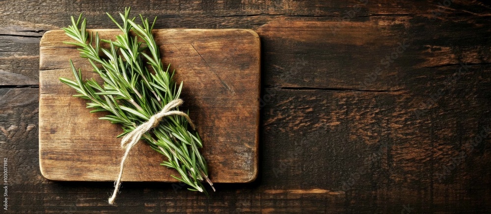 Rosemary sprig on rustic cutting board with dark weathered surface, creating fresh and rustic border with overlapping leaves. Rosemary sprig on rustic cutting board with dark weathered surface, creating fresh and rustic border with overlapping leaves.