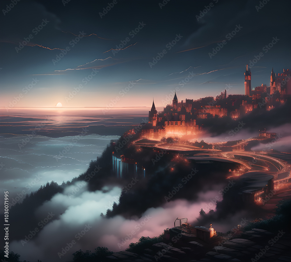 Fototapeta premium Beautiful atmospheric mystical landscape of the castle.moon in the night light.generative ai