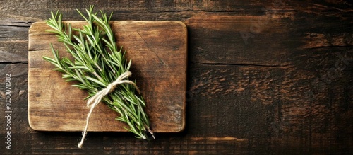 Rosemary sprig on rustic cutting board with dark weathered surface, creating fresh and rustic border with overlapping leaves.