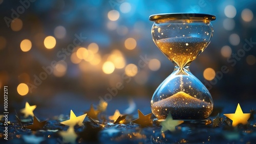 Hourglass glowing against festive bokeh with star-shaped decor
