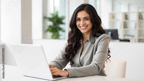 Businesswoman working on laptop, Work from home, , Digital Marketing, Smiling Young Woman Working on Laptop in a Modern Office