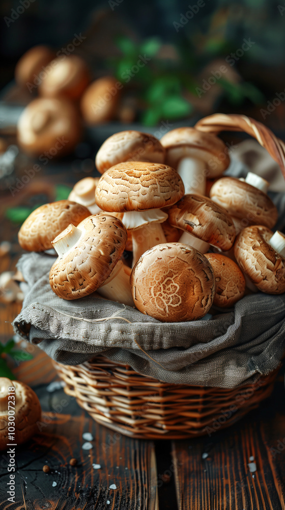 Freshly picked mushrooms overflowing from a rustic basket and sitting on a wooden table Freshly picked mushrooms overflowing from a rustic basket and sitting on a wooden table