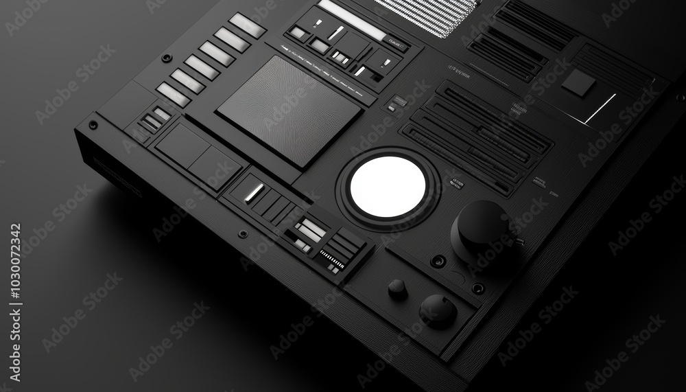 Obraz premium High-tech synthesizer in black and chrome, featuring detailed buttons, dials, and piano keys, symbolizing cutting-edge music production, Electronic Instrument, Futuristic Design