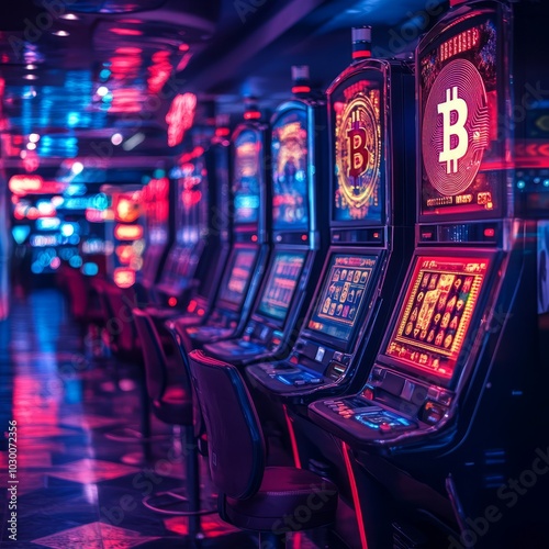 Row of slot machines in a casino with a Bitcoin symbol on one of the machines.