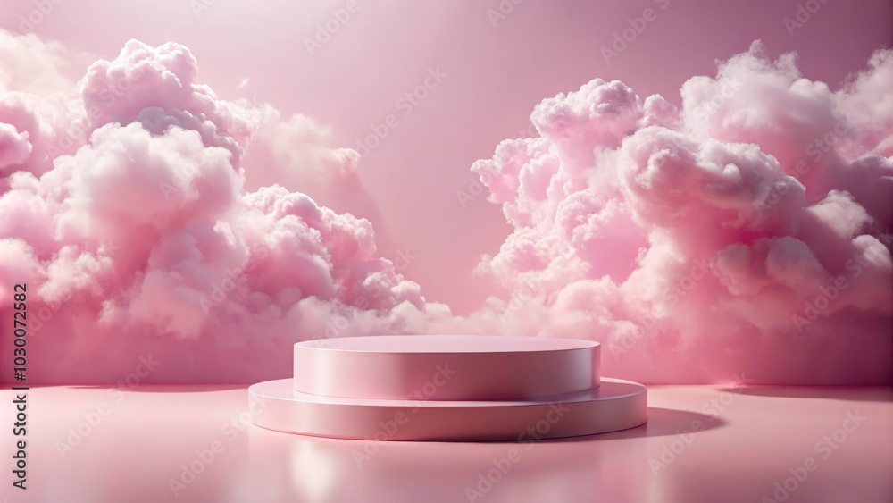 Elegant Pink Podium Display Against Pastel Sky with Clouds - 3D Render for Product Presentation, Showcase and Advertising