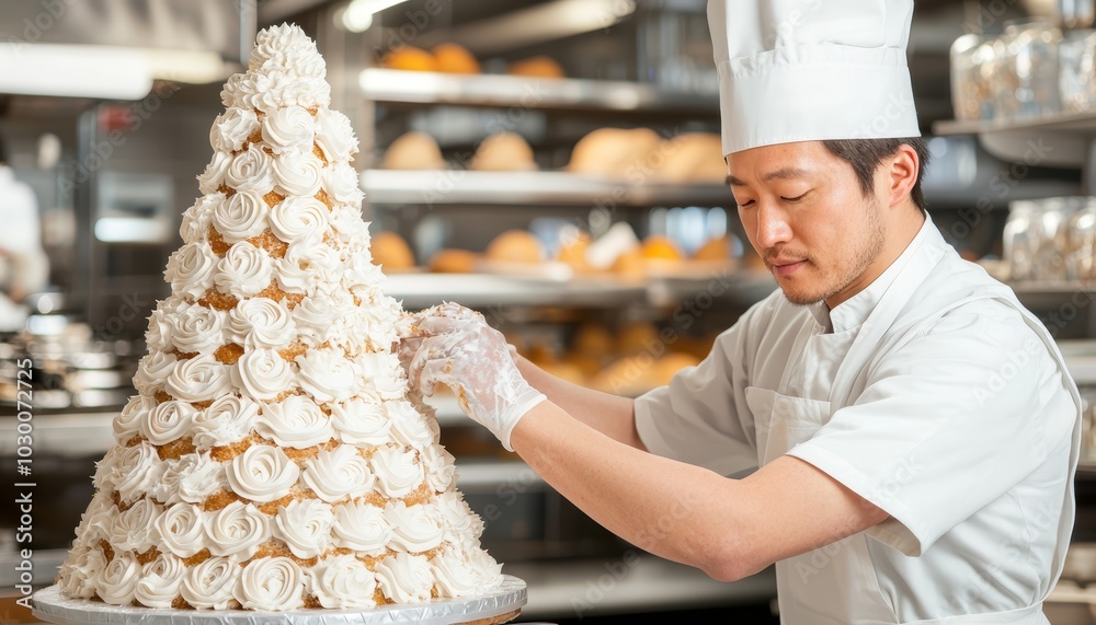 Fototapeta premium A baker decorating a tiered wedding cake, carefully adding intricate designs with icing, in a bright and festive bakery