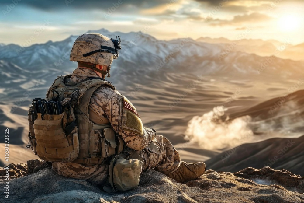 Peaceful soldier on hilltop in camouflage uniform looking at scenic landscape with blue sky and snowy mountains in background. Peaceful soldier on hilltop in camouflage uniform looking at scenic landscape with blue sky and snowy mountains in background.
