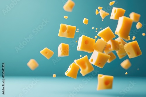 Cubes of Swiss Cheese Falling Against a Teal Background