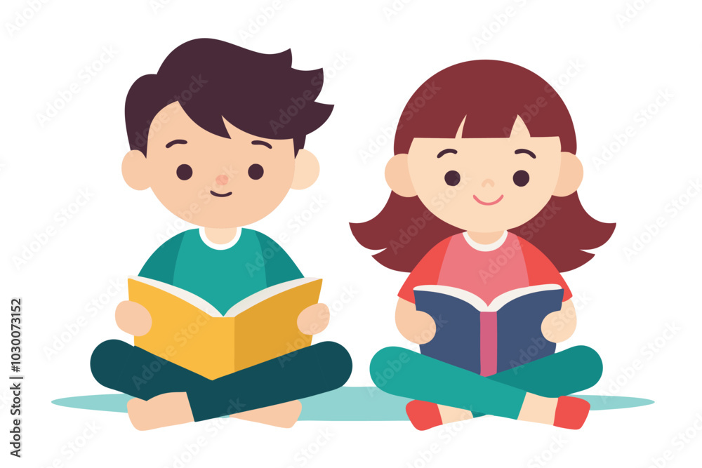cute boy and girl are relaxing and enjoying reading. cute boy and girl are relaxing and enjoying reading.