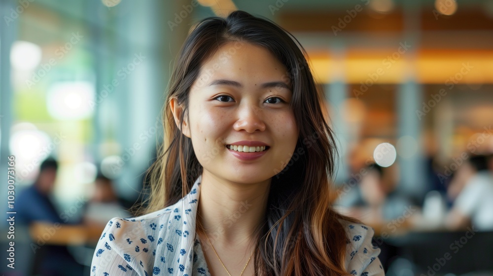 Portrait of a smiling young Asian woman sitting in a cafe with blurred background