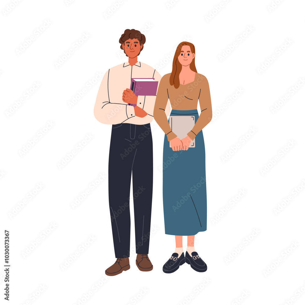 Office workers, man and woman colleagues. Male and female professionals, business partners holding binders. Coworkers couple, business team. Flat vector illustration isolated on white background Office workers, man and woman colleagues. Male and female professionals, business partners holding binders. Coworkers couple, business team. Flat vector illustration isolated on white background