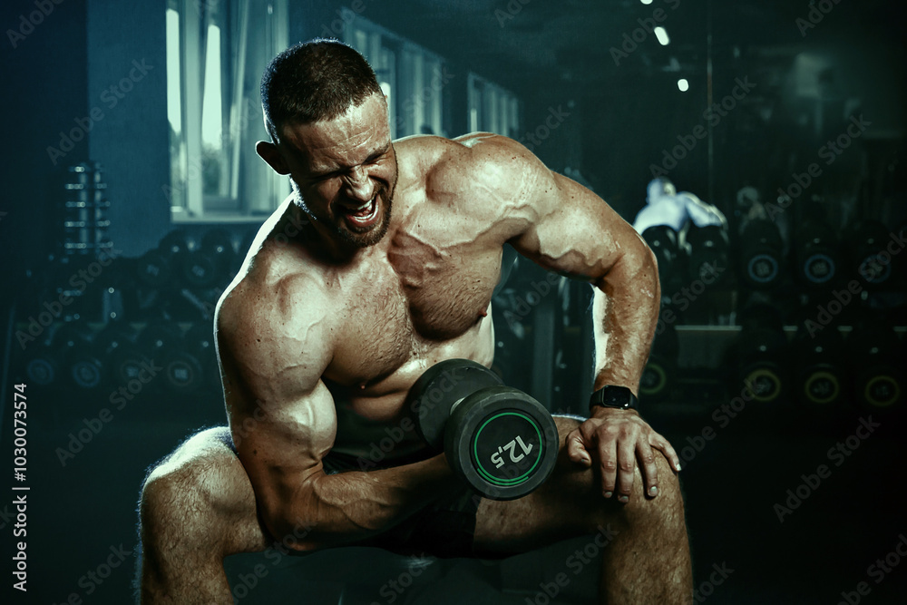 Muscular man training with weights. Brutal strong athletic men pumping up muscles workout in dark gym.