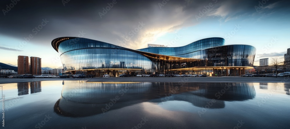Mirrored Modern Architecture, Stunning Reflections of an Architectural Marvel at Sunset Mirrored Modern Architecture, Stunning Reflections of an Architectural Marvel at Sunset