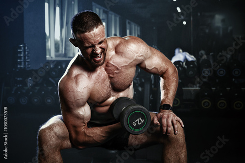Obraz na płótnie Muscular man having training with weights. Brutal strong athletic men pumping up muscles workout. Concept bodybuilder doing exercises in gym. w salonie