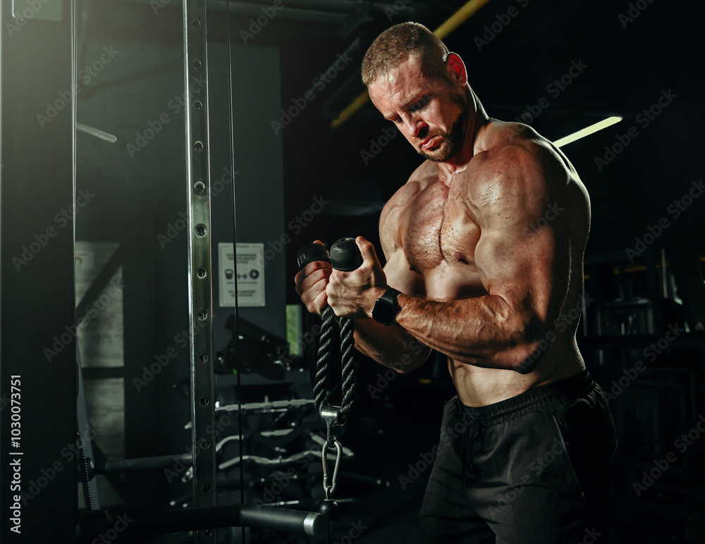 Muscular man training with weights. Brutal strong athletic men pumping up muscles workout in dark gym.