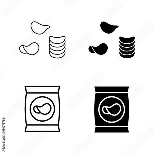 Potato chips line icon set. Salty snacks vector symbol color editable