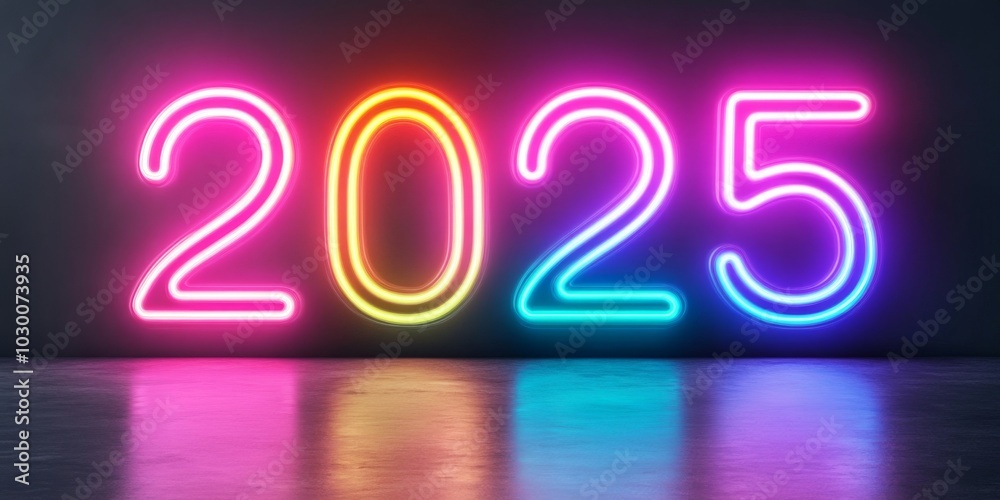 Vibrant neon numbers representing the New year 2025 glow against a dark backdrop Vibrant neon numbers representing the New year 2025 glow against a dark backdrop