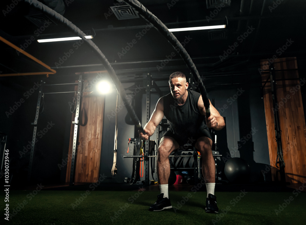 Bodybuilder is engaged with battle ropes for muscle fitness in hall of gym. Training and endurance with intense workout for strength. Space for text
