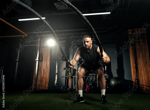 Obraz na płótnie Bodybuilder is engaged with battle ropes for muscle fitness in hall of gym. Training and endurance with intense workout for strength. Space for text w salonie