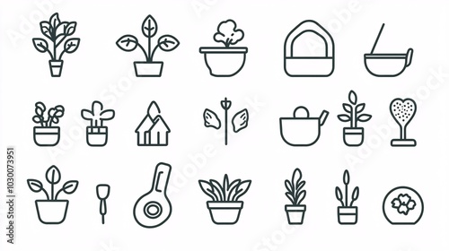 Wallpaper Mural 2410_101.minimalist line icon collection, soil and gardening theme, black outlines on white background, simplified agricultural symbols, clean vector style Torontodigital.ca