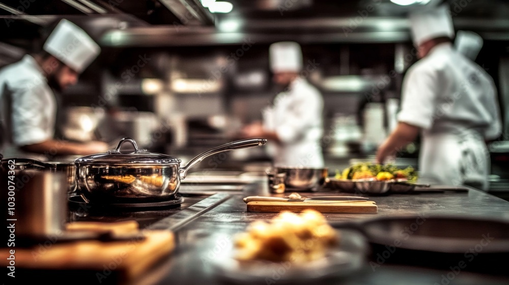 Chefs in White Uniforms Cooking in Busy Kitchen with Ingredients and Utensils on Countertop Chefs in White Uniforms Cooking in Busy Kitchen with Ingredients and Utensils on Countertop