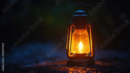 Old-fashioned lantern glows warmly in dark