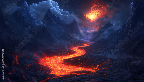 A glowing river of molten lava slowly flows through a rocky valley surrounded by dark, volcanic mountains