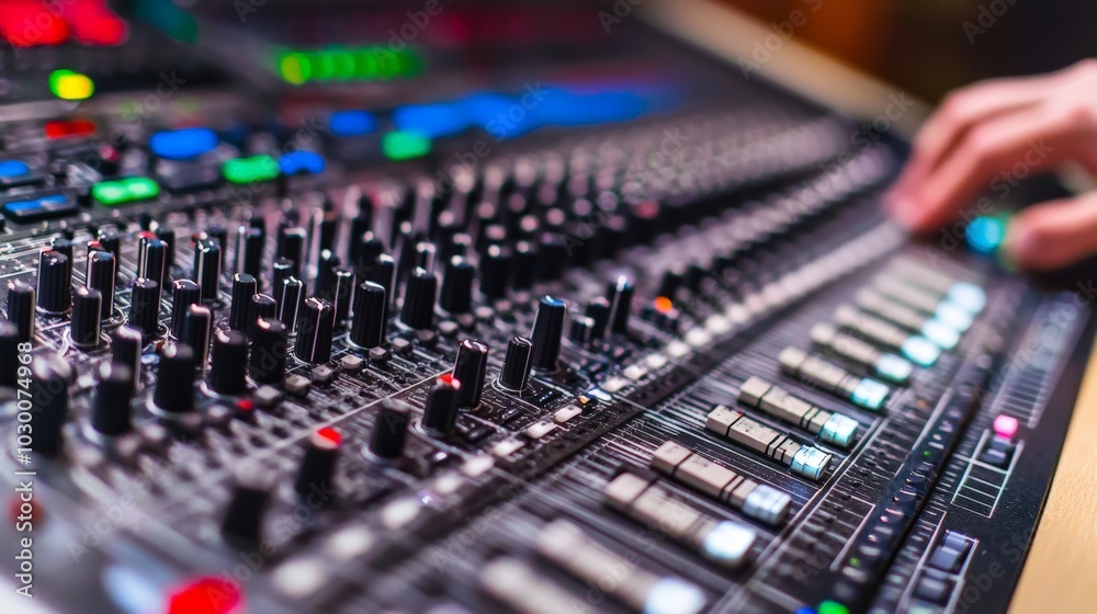 Audio Mixing Console Close Up Sound Engineer Music Production Studio Audio Mixing Console Close Up Sound Engineer Music Production Studio