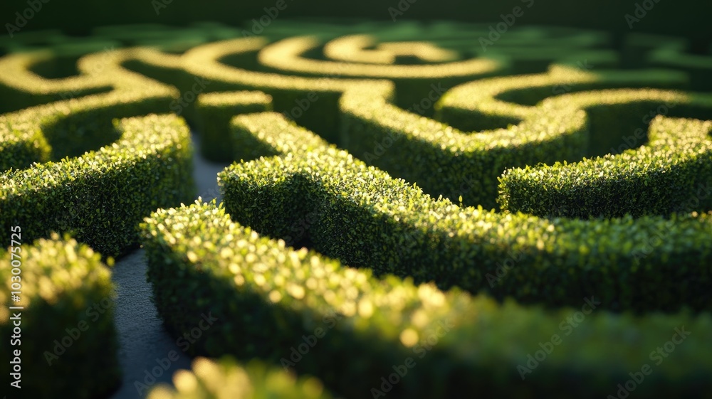 Sunlit hedge maze with intricate, well-maintained pathways and vibrant greenery Sunlit hedge maze with intricate, well-maintained pathways and vibrant greenery
