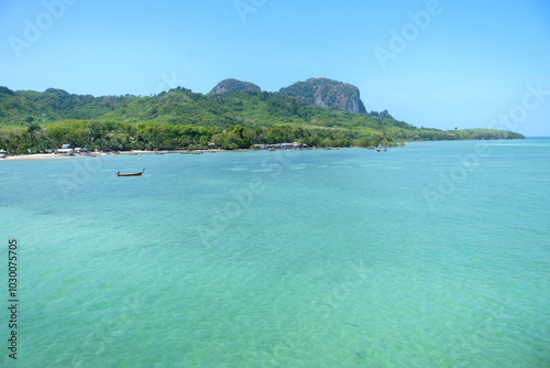 Aerial view of Koh Muk, Thailand showing the sea, coast and mountains.