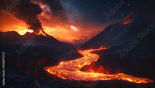 A glowing river of molten lava slowly flows through a rocky valley surrounded by dark, volcanic mountains