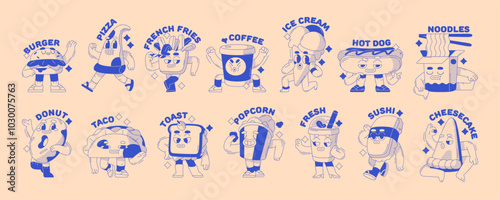 Set of fast food stickers in groovy style. Different retro fastfood: sushi, pizza, burger, noodle, drinks. Funky characters with happy faces have fun. Flat isolated outline vector illustrations