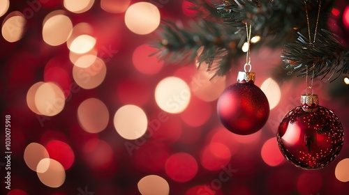 Christmas Tree In Red Shiny Glittering Background - Baubles Hanging On Fir With Abstract Lights