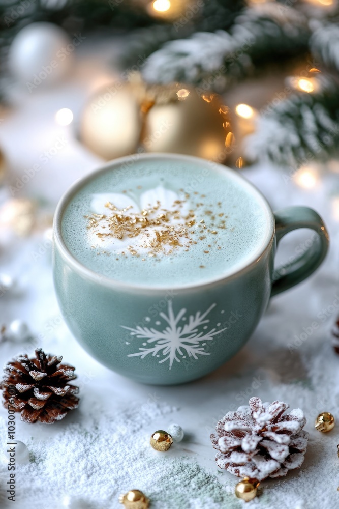 blue matcha Christmas latte on xmas New year holiday decorated background. ai generated blue matcha Christmas latte on xmas New year holiday decorated background. ai generated