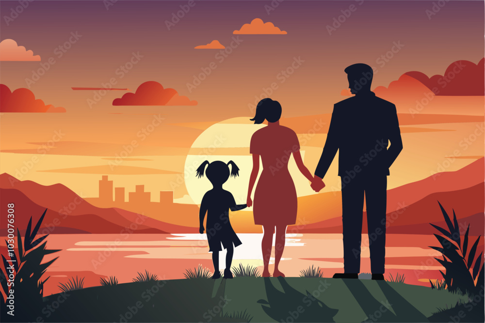 Fototapeta premium romantic copula with daughter silhouette at sunset.