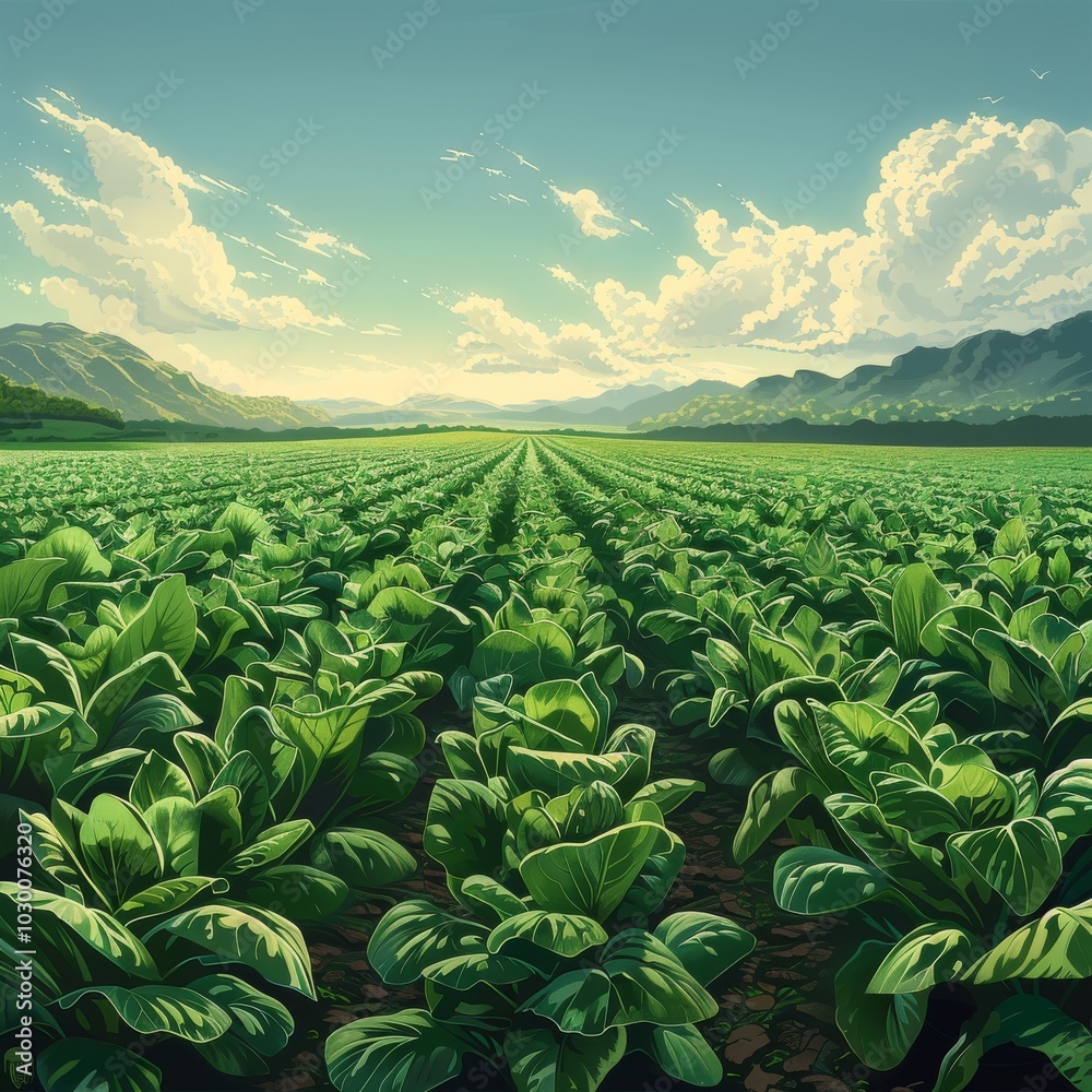 Fototapeta premium Spinach Field, Spinach Crop, Many Spinach , Spinach Leaves, Spinach Agriculture Landscape