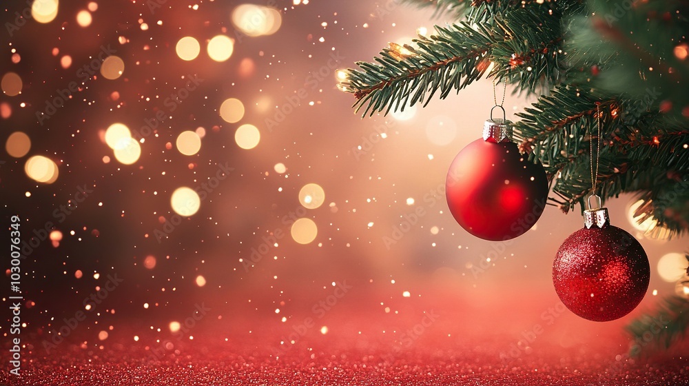 Christmas Tree In Red Shiny Glittering Background - Baubles Hanging On Fir With Abstract Lights Christmas Tree In Red Shiny Glittering Background - Baubles Hanging On Fir With Abstract Lights