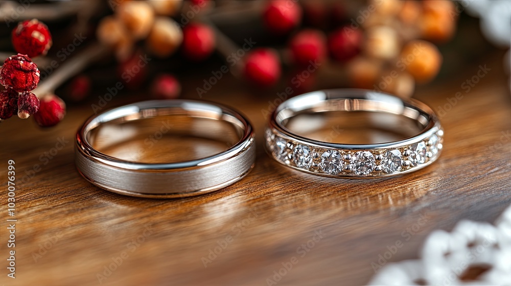Elegant Wedding Rings on a Wooden Surface Elegant Wedding Rings on a Wooden Surface