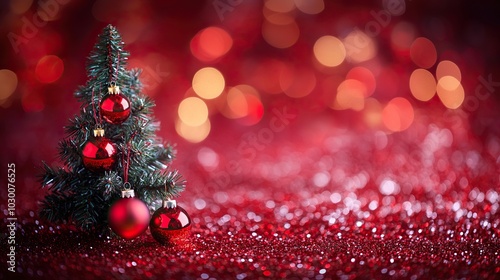 Christmas Tree In Red Shiny Glittering Background - Baubles Hanging On Fir With Abstract Lights