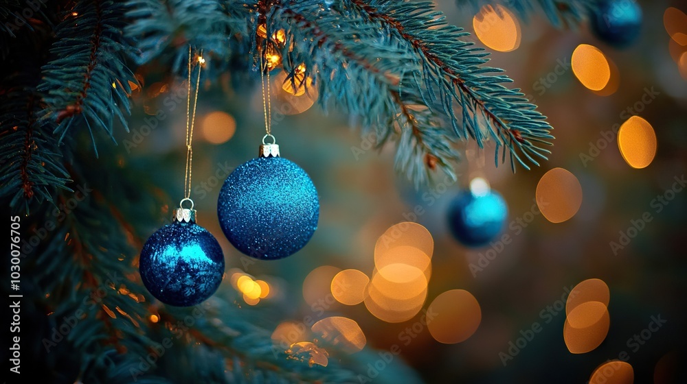Christmas Tree With Ornaments In Blue And Defocused Lights - Baubles Hanging On Fir Branches With Glittering In Abstract Background Christmas Tree With Ornaments In Blue And Defocused Lights - Baubles Hanging On Fir Branches With Glittering In Abstract Background