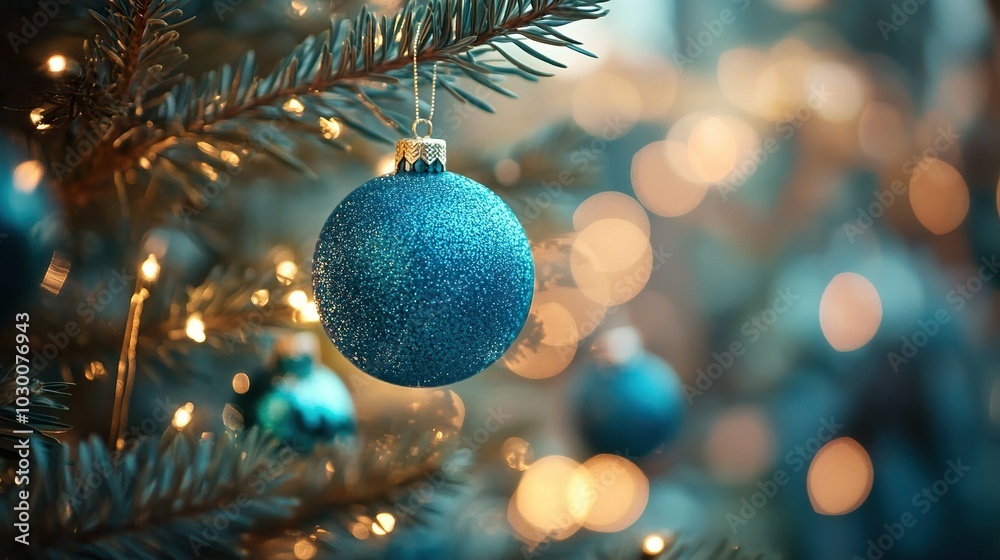 Christmas Tree With Ornaments In Blue And Defocused Lights - Baubles Hanging On Fir Branches With Glittering In Abstract Background Christmas Tree With Ornaments In Blue And Defocused Lights - Baubles Hanging On Fir Branches With Glittering In Abstract Background