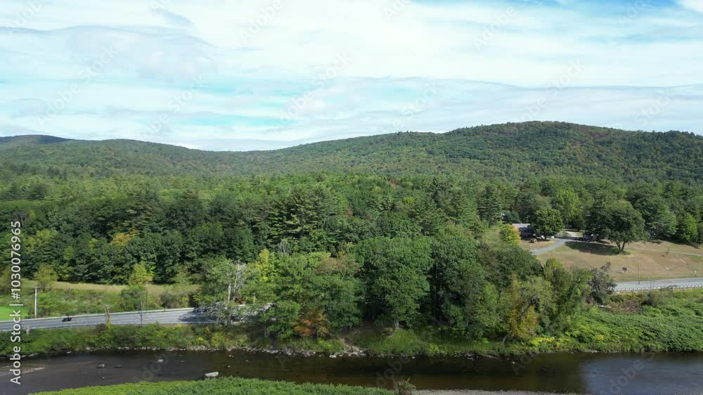 Aerial overview of Deerfield River and Fall foliage along Mohawk trail Aerial overview of Deerfield River and Fall foliage along Mohawk trail