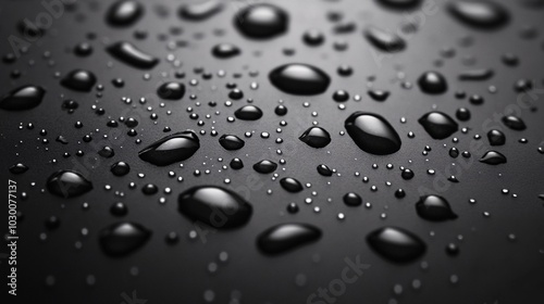 2410_147.extreme close-up of raindrops on dark background, intricate bead patterns, surface tension details, glossy wet appearance, minimalist water study