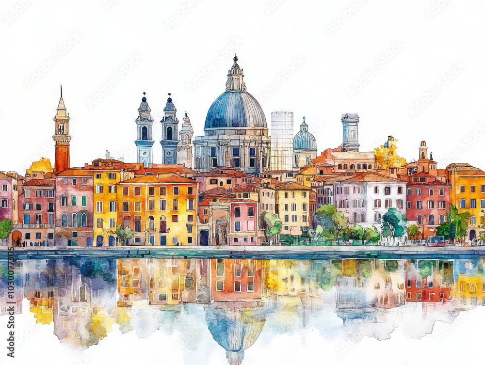 Obraz premium Colorful Italian cityscape with domes and historic arch 