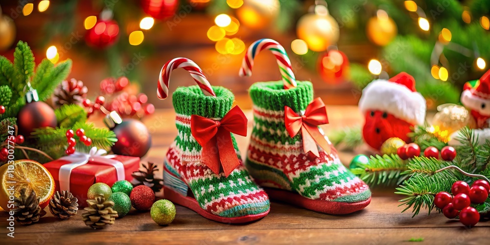 Fototapeta premium Festive Tilt-Shift Photography of Christmas Icons - Candy Cane, Ribbons, Tree, Holly Leaves, Slippers, Socks for Holiday Celebrations and Seasonal Cheer
