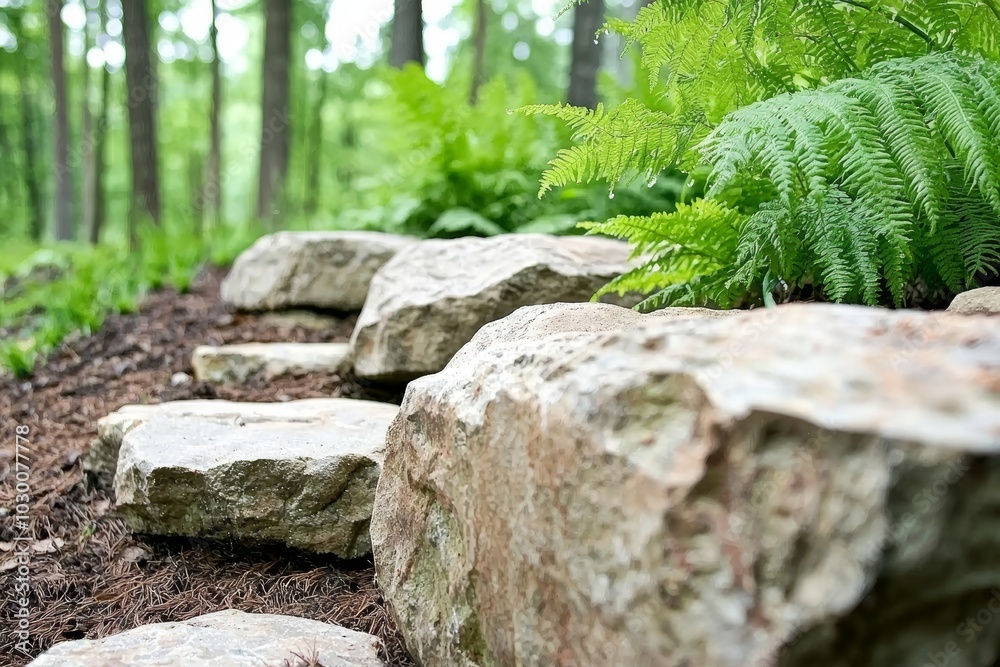 A serene woodland garden with ferns, moss-covered rocks, and a meandering path through tall trees, creating a peaceful forest retreat A serene woodland garden with ferns, moss-covered rocks, and a meandering path through tall trees, creating a peaceful forest retreat