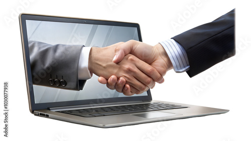 Handshake representing virtual agreement through laptop screen. Isolated on a transparent or white background.
