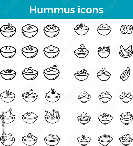 Hummus icons line Middle Eastern dip chickpea spread vector traditional food vegan cuisine illustration set