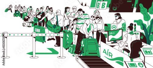 Queue at the airport. People standing in line to registration counter, passport control, checking of luggage. Passengers in gate waiting boarding. Flat isolated contour vector illustration on white