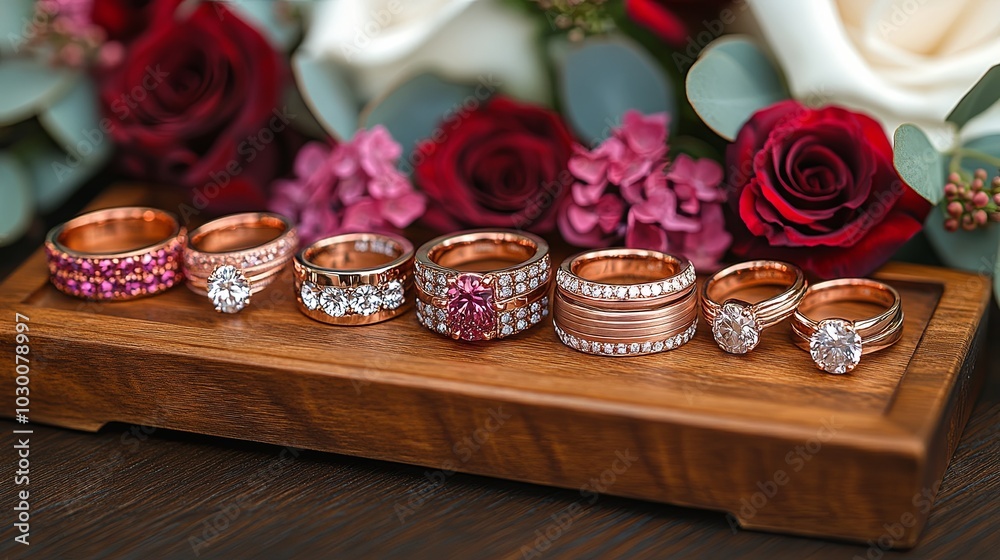 Rustic Wooden Tray with Assorted Rings and Flowers Rustic Wooden Tray with Assorted Rings and Flowers